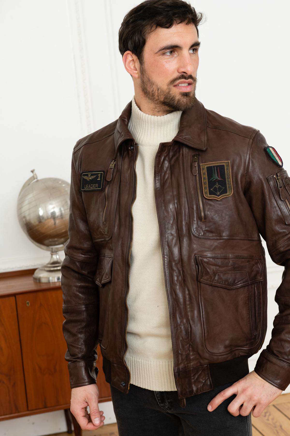 Distressed brown leather pilot jacket - Image n°3