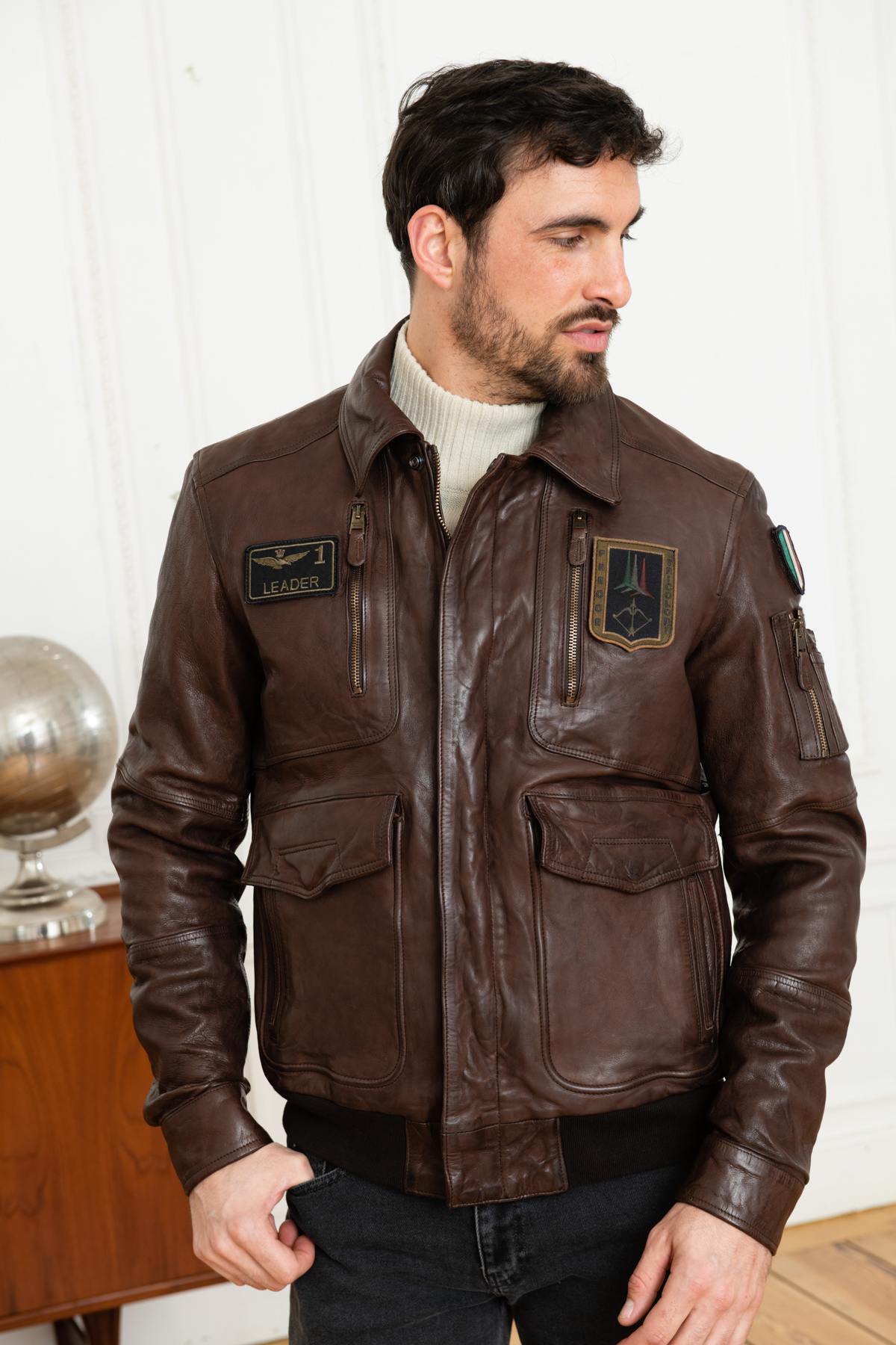 Distressed brown leather pilot jacket - Image n°7