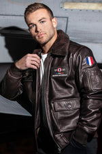Brown cowhide aviator jacket with detachable shearling collar. - Image n°1
