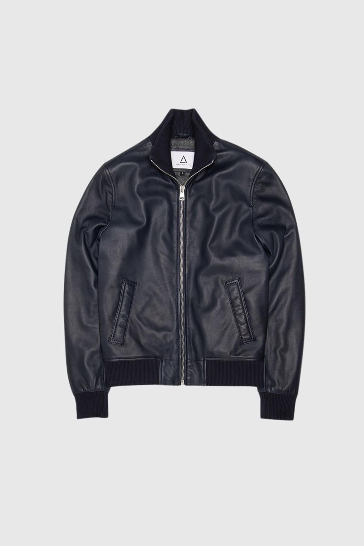 Blue leather jacket with ribbed edges - Image n°7