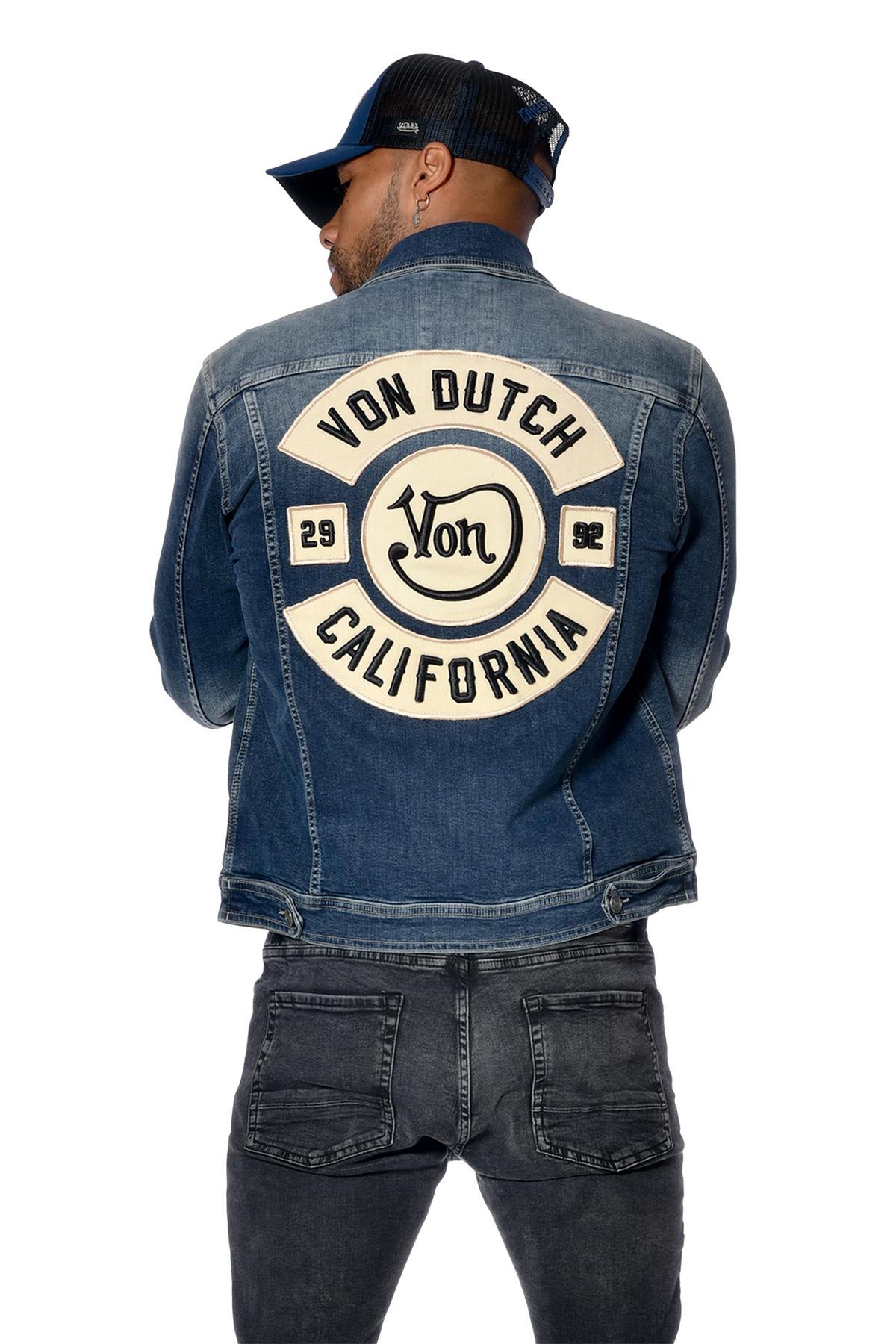 Denim jacket with biker-style back patch - Image n°1