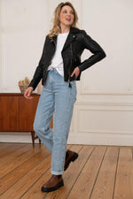 Aged black sheepskin jacket with a biker collar and rock edge. - Image n°2