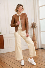 Slim cognac lambskin jacket with Mao collar and press-stud fastening. - Image n°2