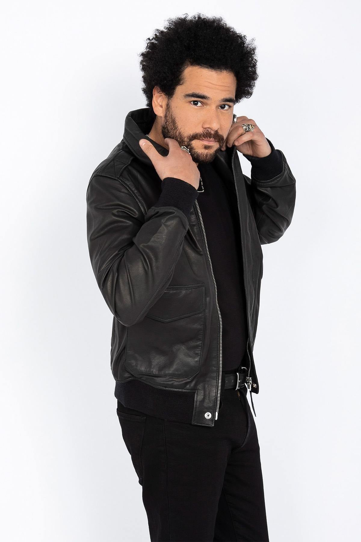Schott NYC's black goat leather A-2 jacket: a timeless aviator icon. - Image n°4
