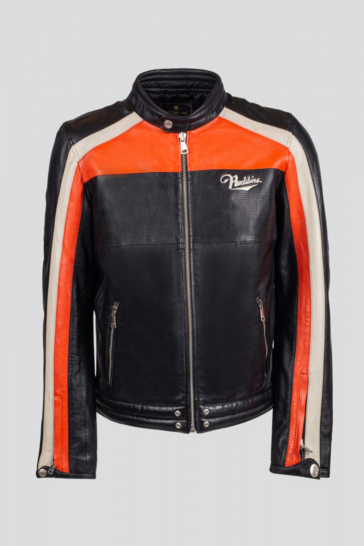 Redskins' black sheepskin jacket with bold orange and white stripes. - Image n°9