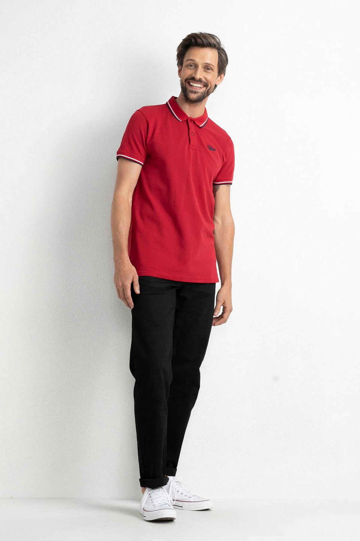Red polo shirt with striped sleeves and collar - Image n°3
