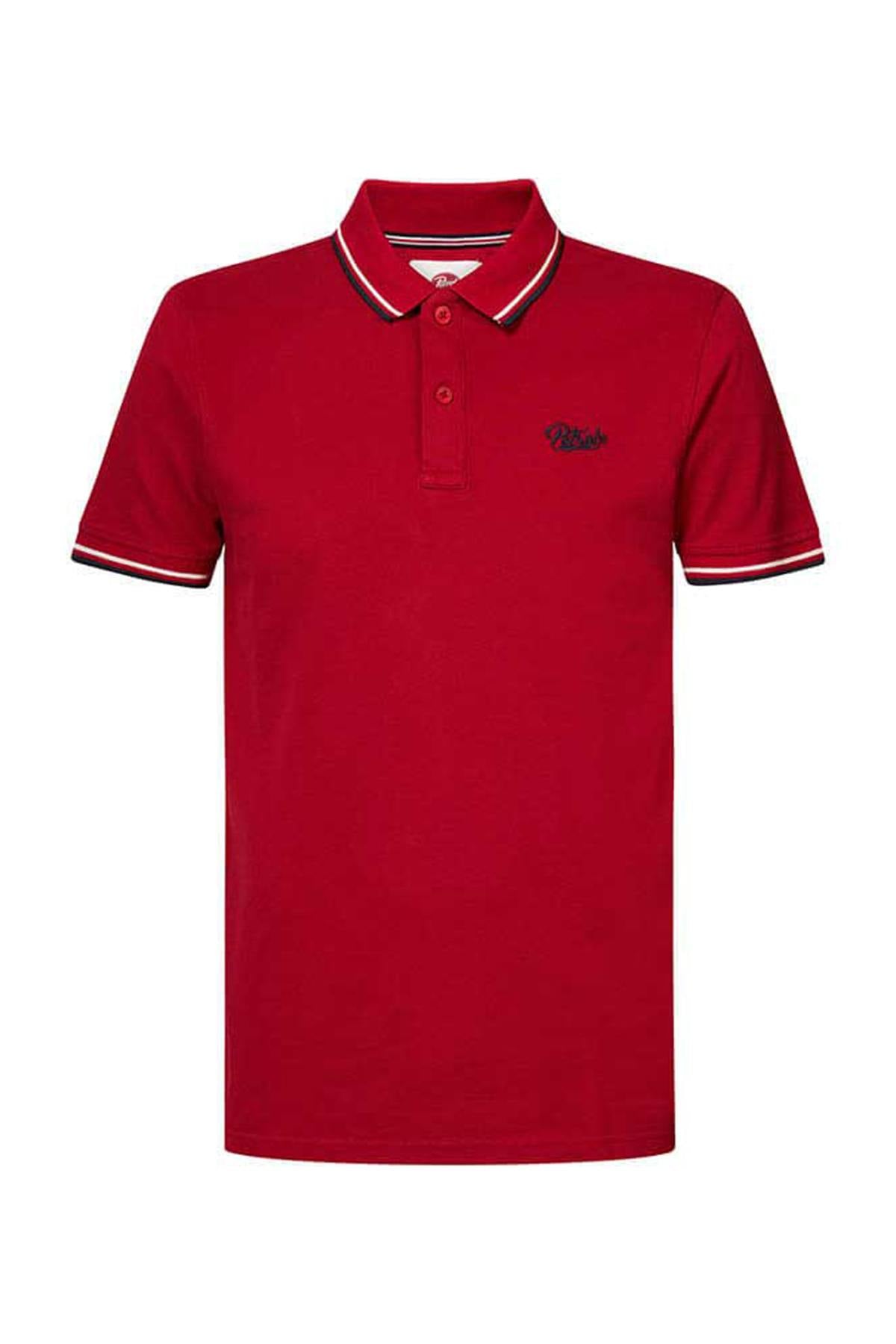 Red polo shirt with striped sleeves and collar - Image n°5