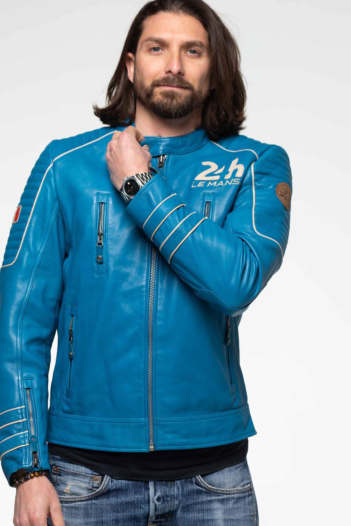 Regular-fit blue biker jacket in sheep leather with quilted accents. - Image n°6