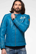 Regular-fit blue biker jacket in sheep leather with quilted accents. - Image n°6