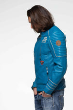 Regular-fit blue biker jacket in sheep leather with quilted accents. - Image n°7