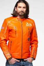 Orange sheepskin leather jacket with quilted shoulders: pure racing style. - Image n°7