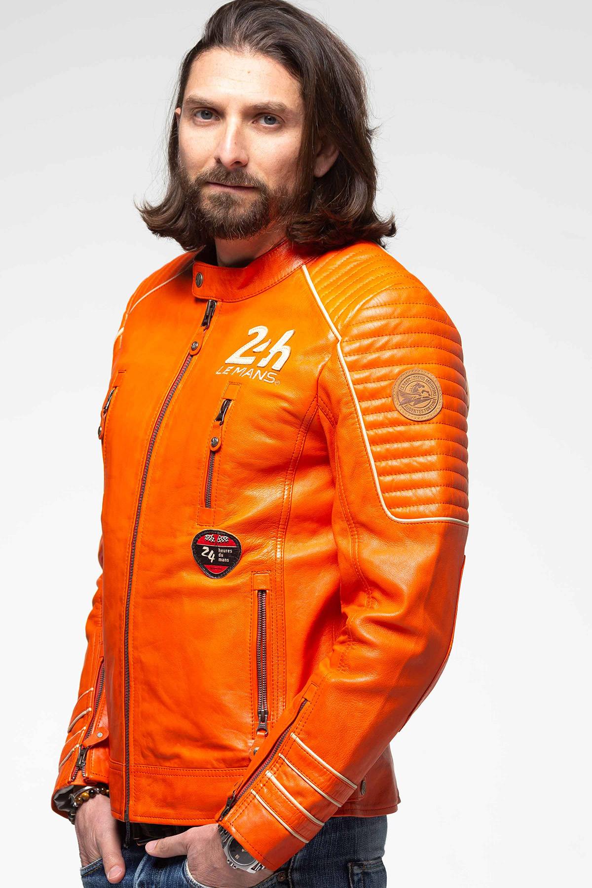 Orange sheepskin leather jacket with quilted shoulders: pure racing style. - Image n°9