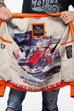 Orange sheepskin leather jacket with quilted shoulders: pure racing style. - Image n°3