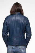 Glossy royal blue sheep leather jacket with contrast collar. - Image n°9