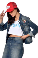 Women's denim jacket with patches and American flag - Image n°3