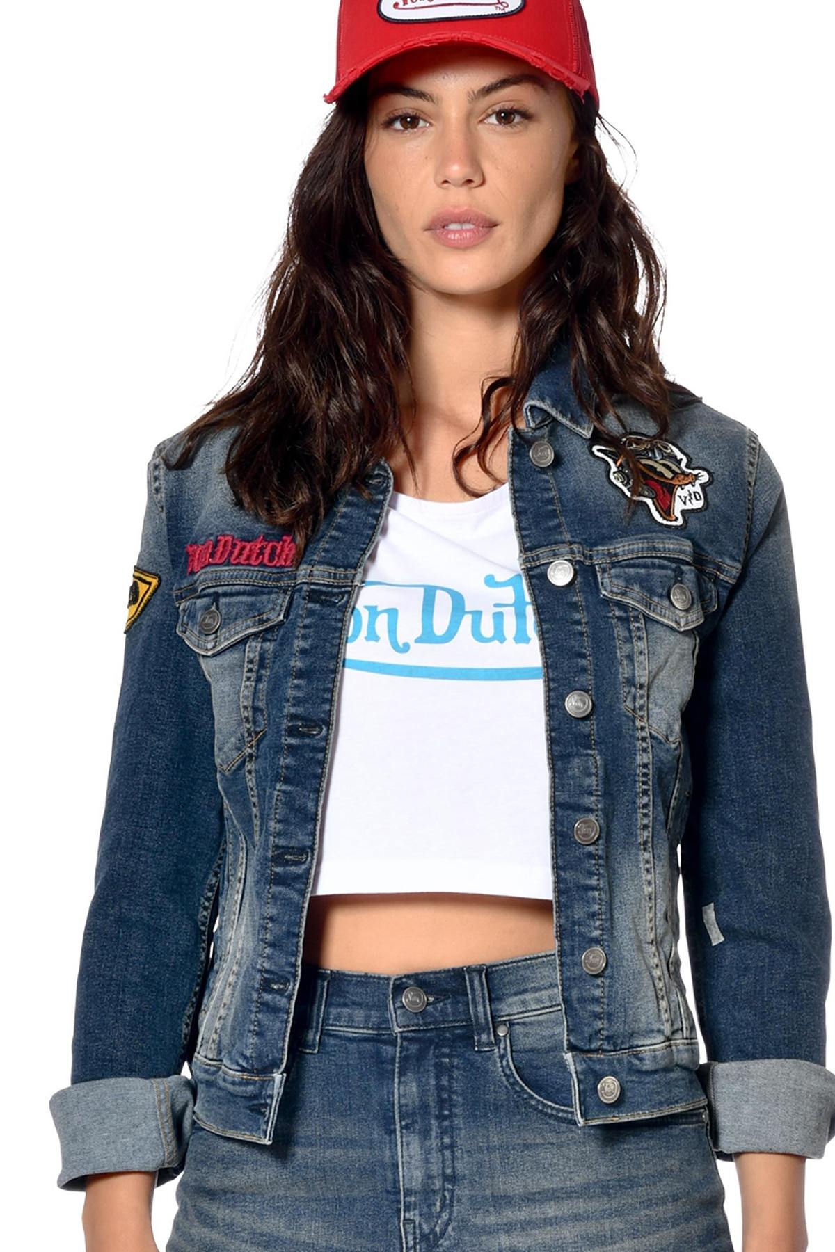 Women's denim jacket with patches and American flag - Image n°1