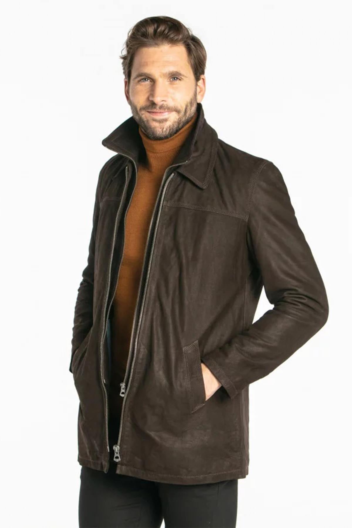 Mid-length timber brown cowhide jacket, regular fit for all seasons. - Image n°1