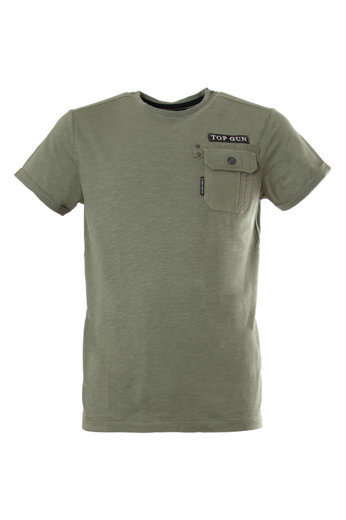 Khaki military t-shirt with chest pocket - Image n°1