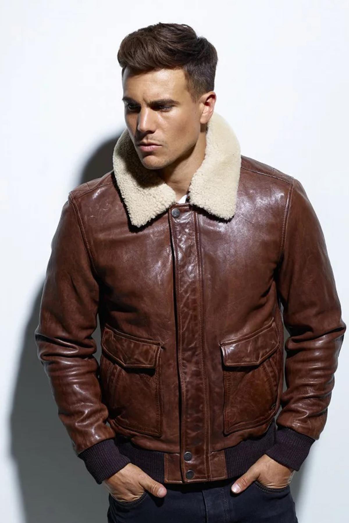 Petrol bison sheepskin aviator jacket with removable shearling collar. - Image n°10