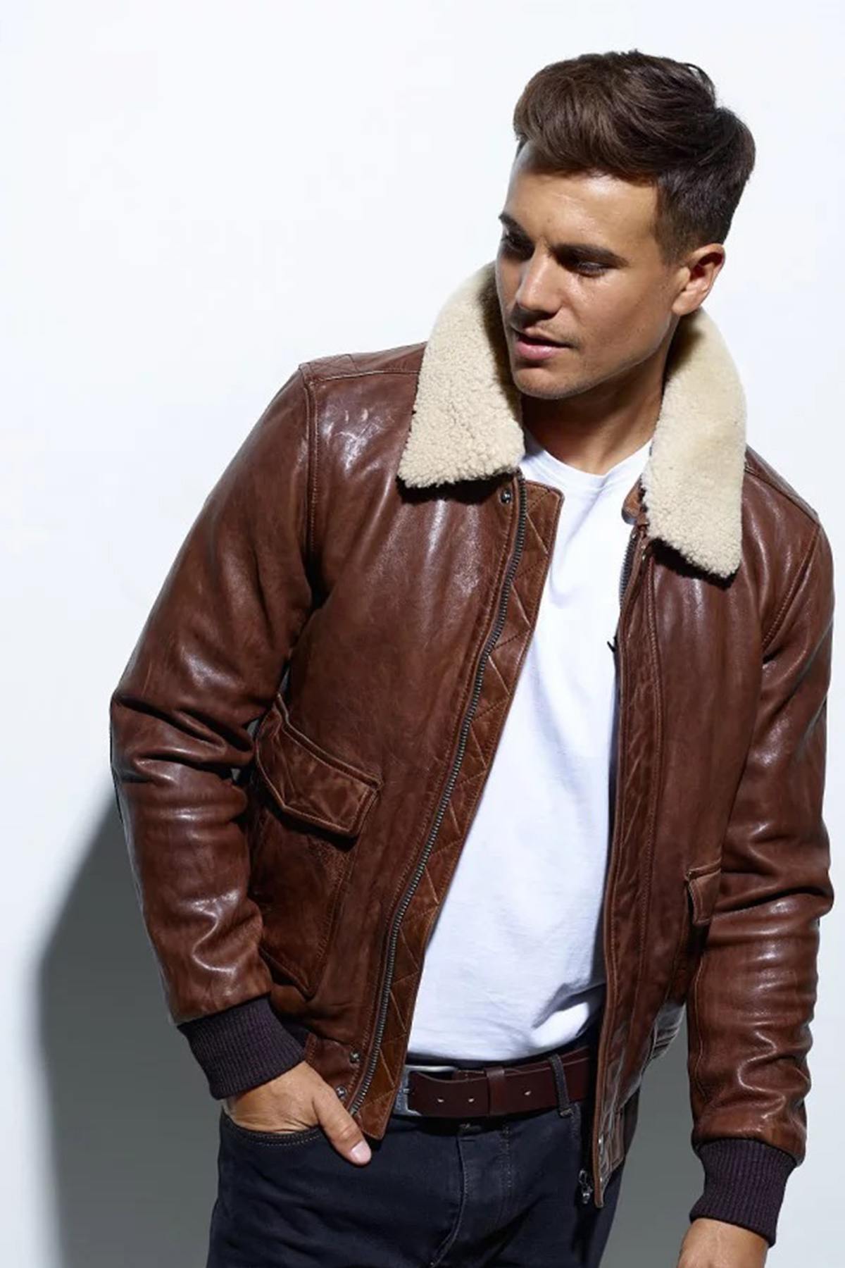 Petrol bison sheepskin aviator jacket with removable shearling collar. - Image n°3