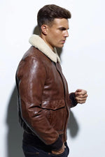 Petrol bison sheepskin aviator jacket with removable shearling collar. - Image n°6