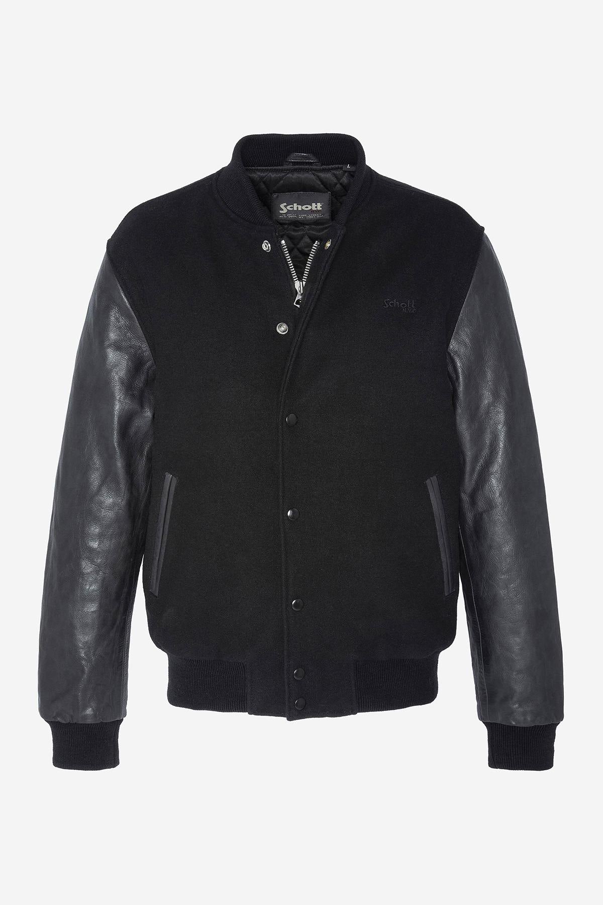 Schott's iconic black varsity jacket blends wool and cowhide leather. - Image n°5