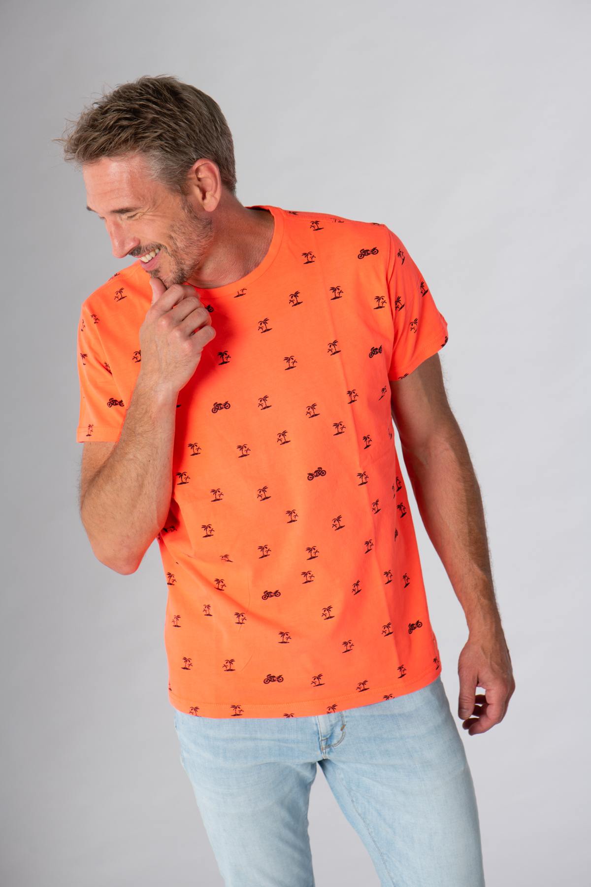 Coral T-shirt with motorcycle and palm tree print - Image n°1