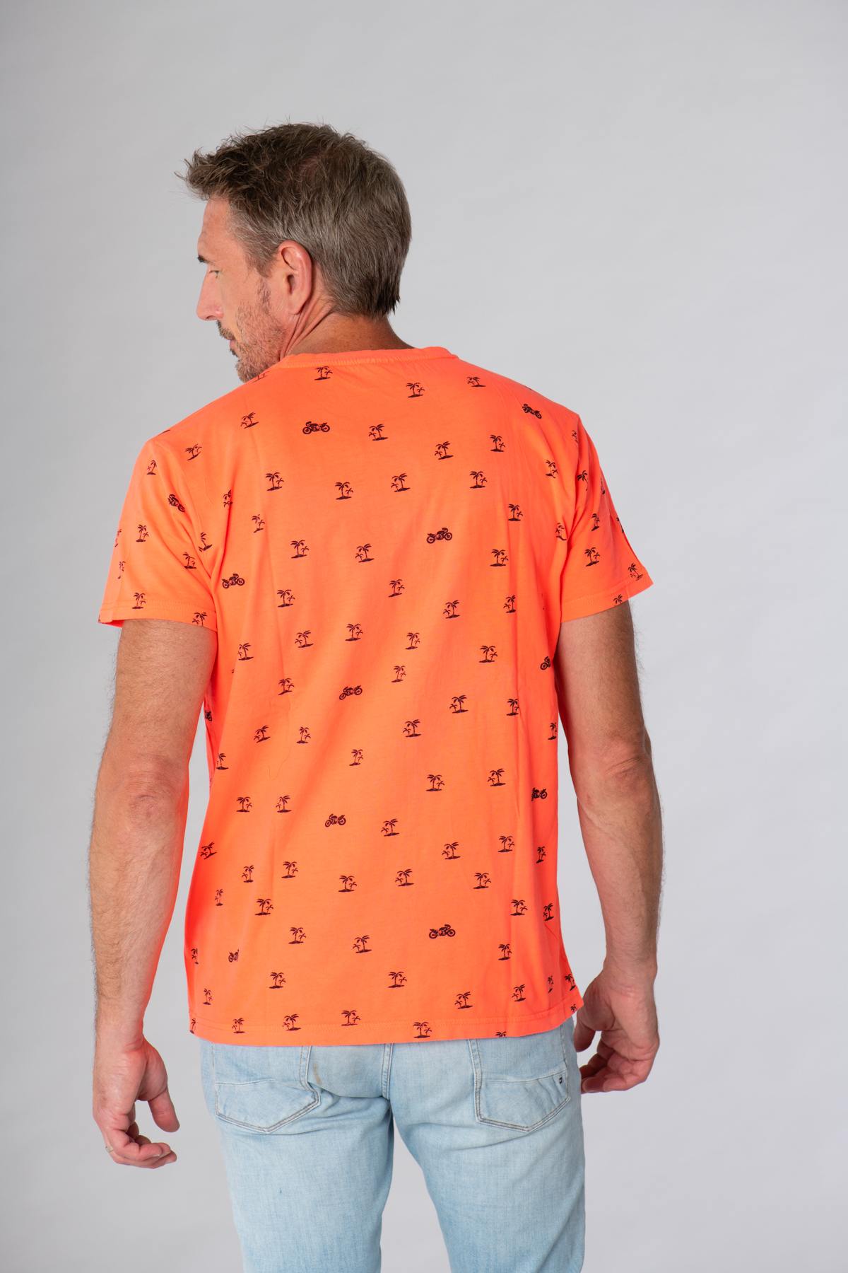 Coral T-shirt with motorcycle and palm tree print - Image n°3