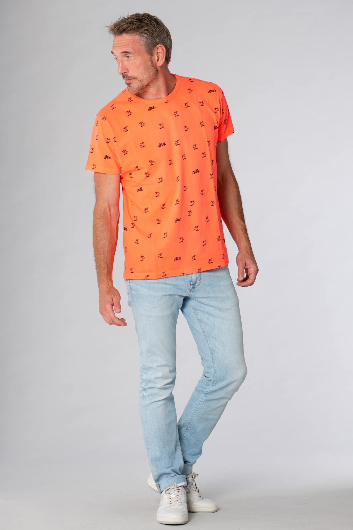 Coral T-shirt with motorcycle and palm tree print - Image n°4