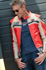 Sheep leather jacket in red/off-white, Le Mans 1966 tribute. - Image n°1