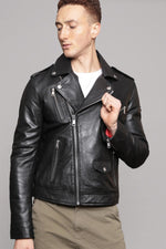 Biker style jacket in black lambskin - Image n°1