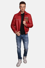 Redskins' red cowhide bomber with dragon embroidery and ribbed cuffs. - Image n°6