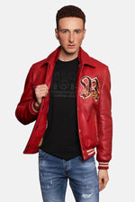 Redskins' red cowhide bomber with dragon embroidery and ribbed cuffs. - Image n°7
