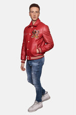 Redskins' red cowhide bomber with dragon embroidery and ribbed cuffs. - Image n°8