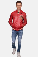 Redskins' red cowhide bomber with dragon embroidery and ribbed cuffs. - Image n°4
