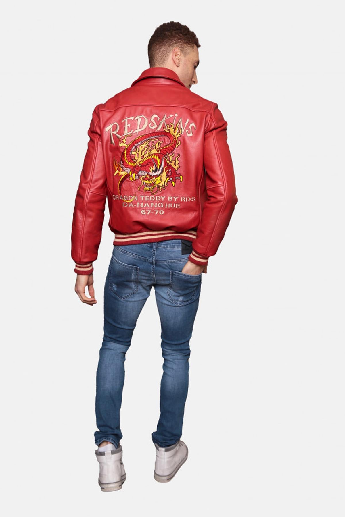Redskins' red cowhide bomber with dragon embroidery and ribbed cuffs. - Image n°9