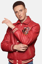 Redskins' red cowhide bomber with dragon embroidery and ribbed cuffs. - Image n°5