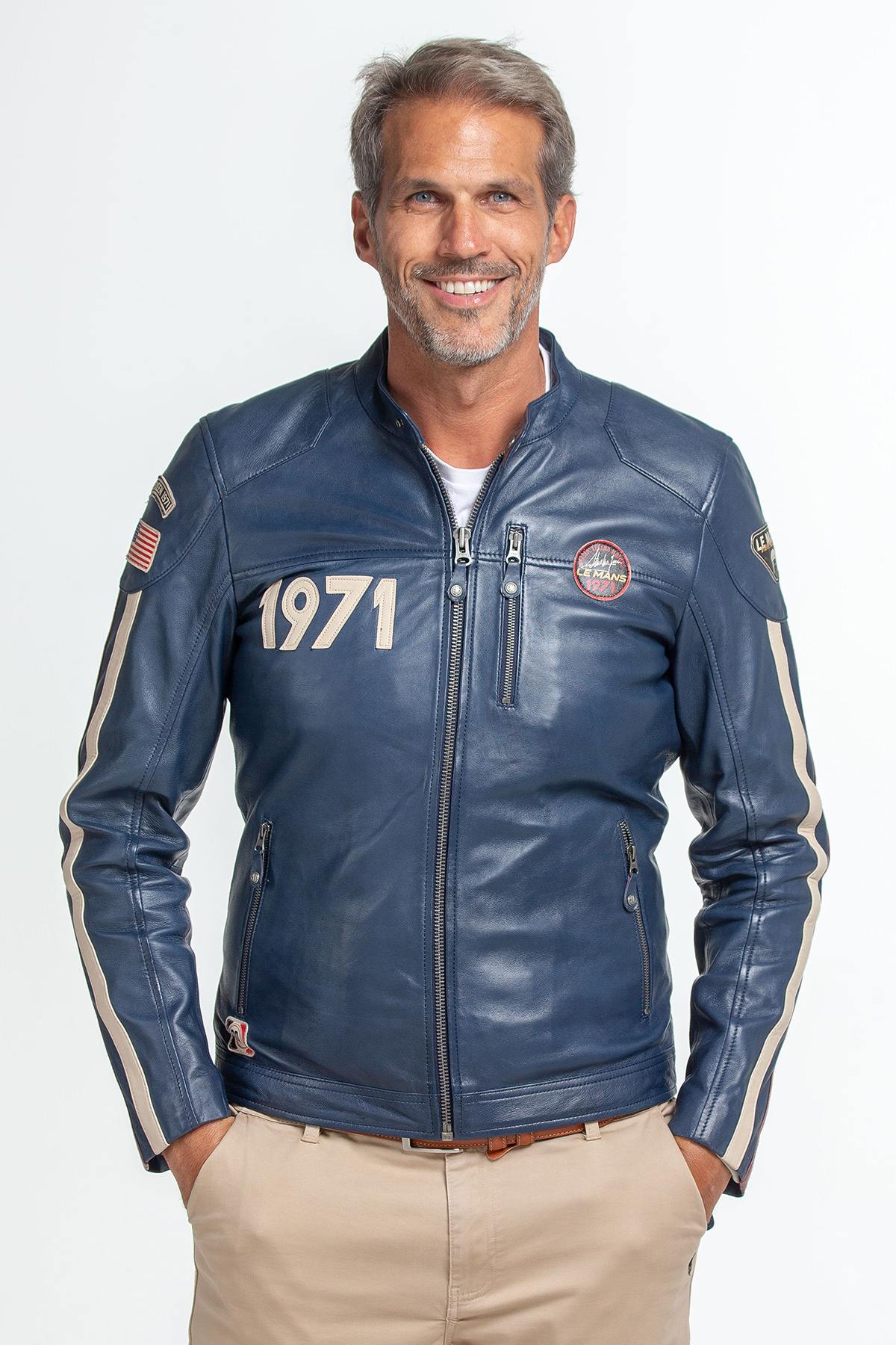 Vintage racing blue sheepskin jacket. Lightweight, soft, and iconic. - Image n°1