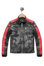 Black leather jacket with red stripes racing style - Image n°1