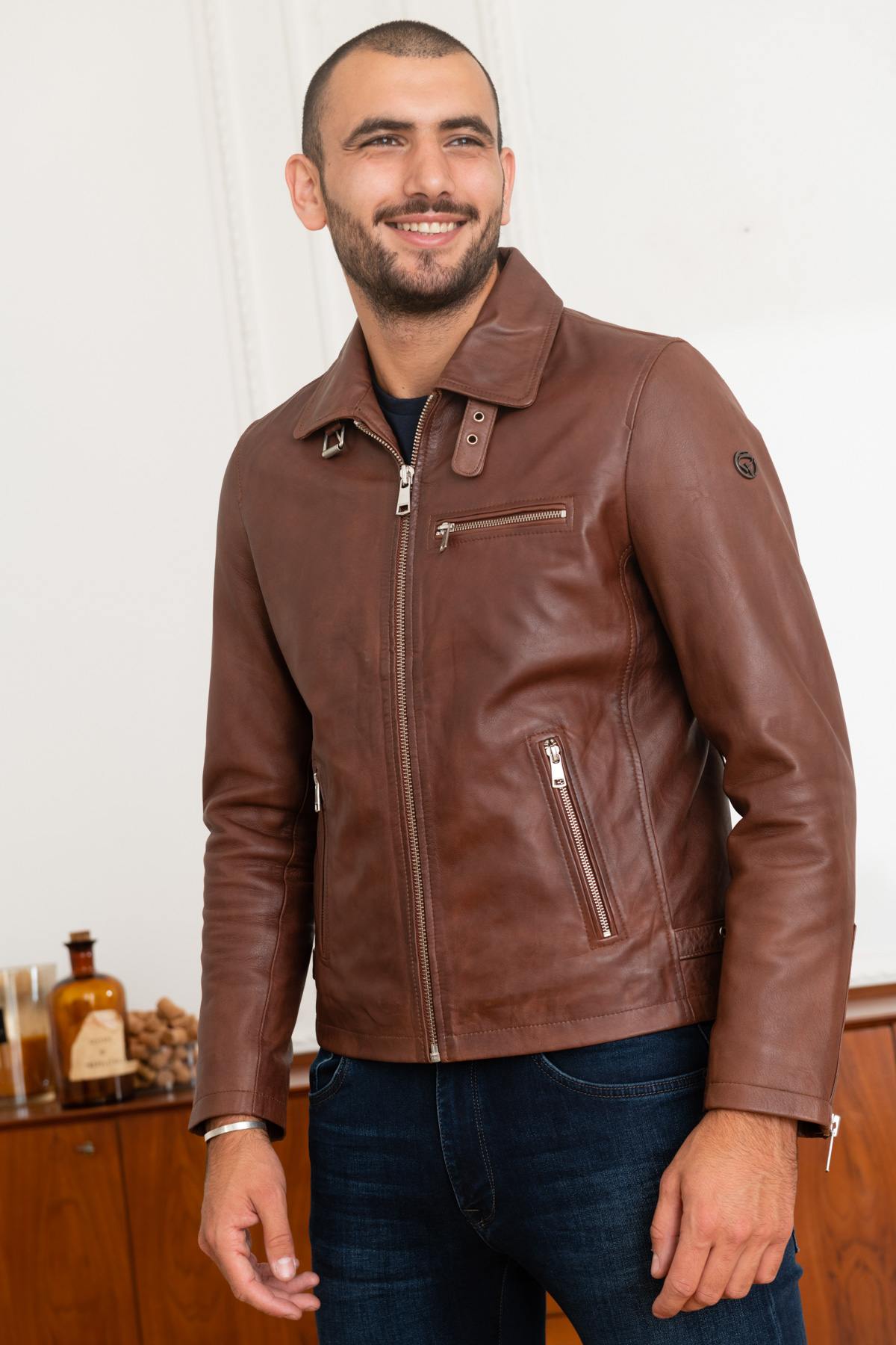 Redskins' Rider2 Stoner: cognac lambskin, biker style, shirt collar. - Image n°3