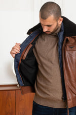 Rich cognac lambskin aviator jacket with removable shearling collar. - Image n°5