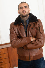 Rich cognac lambskin aviator jacket with removable shearling collar. - Image n°6