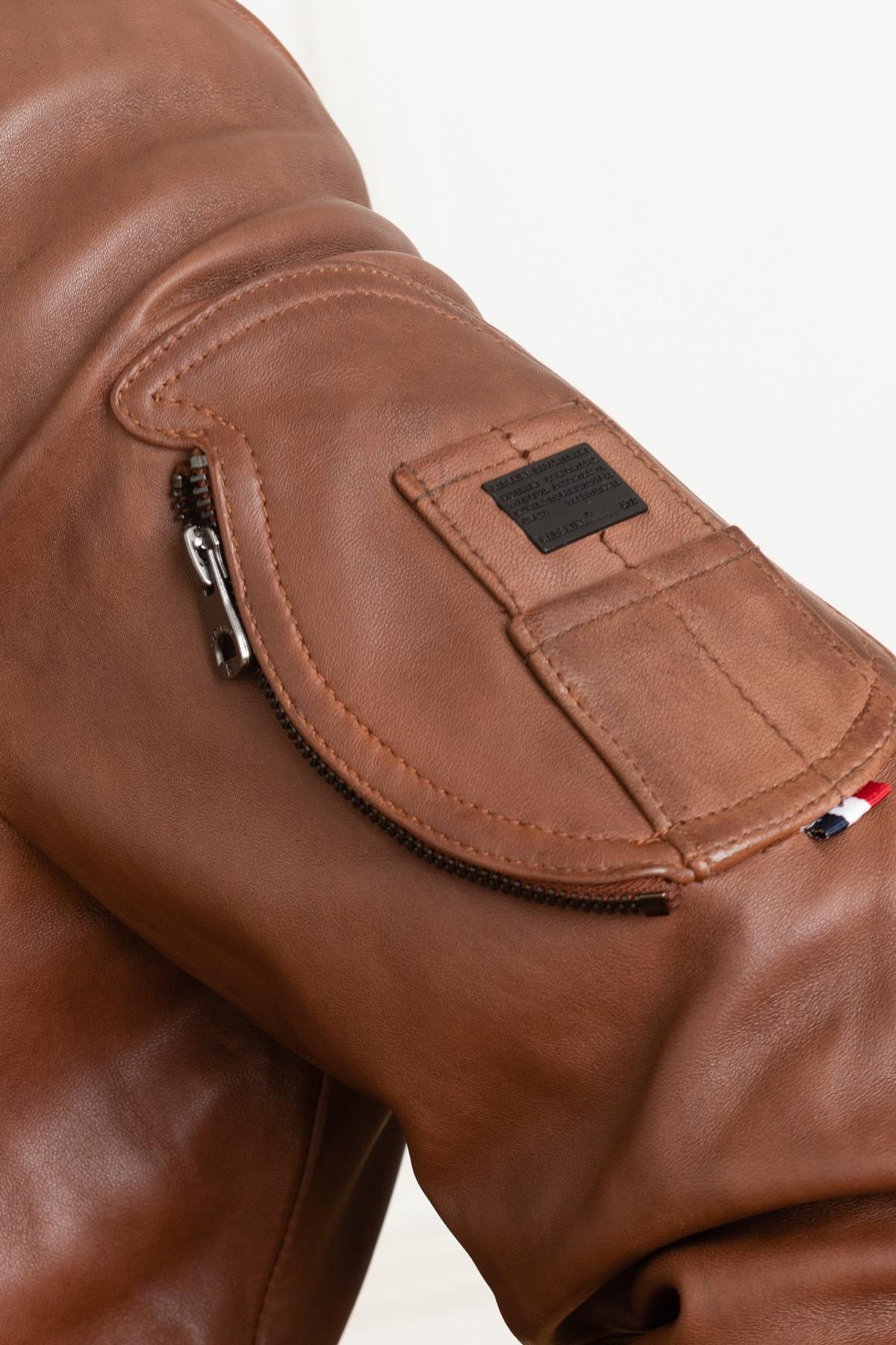 Rich cognac lambskin aviator jacket with removable shearling collar. - Image n°9