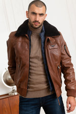 Rich cognac lambskin aviator jacket with removable shearling collar. - Image n°2