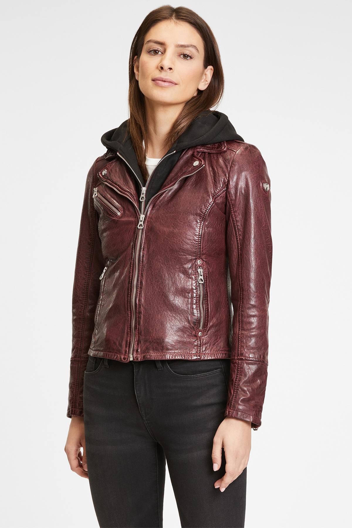 Burgundy leather Biker Jacket with removable hood - Image n°1