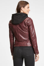 Burgundy leather Biker Jacket with removable hood - Image n°3