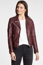 Burgundy leather Biker Jacket with removable hood - Image n°2