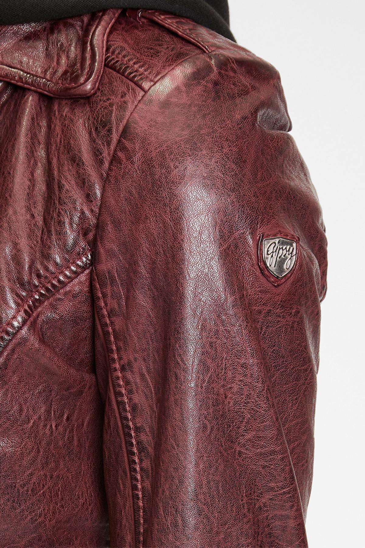 Burgundy leather Biker Jacket with removable hood - Image n°5