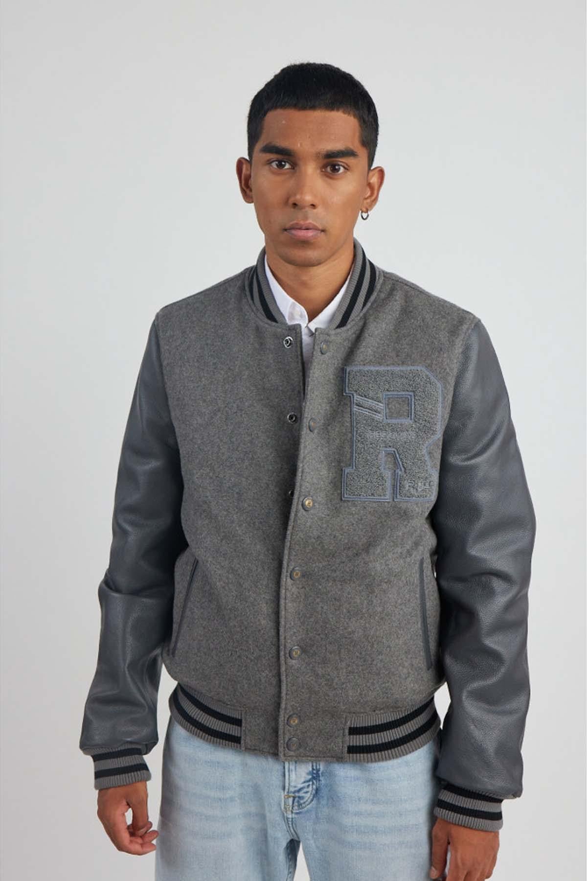 Grey varsity jacket: cowhide leather, teddy sleeves, Redskins "R". - Image n°3