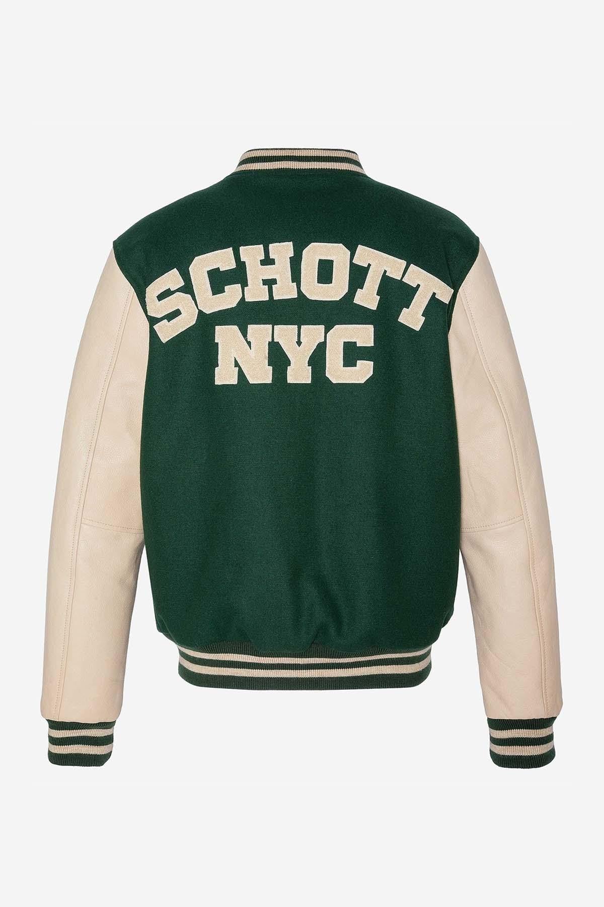 Schott's varsity jacket in green wool and beige vachetta leather. - Image n°8